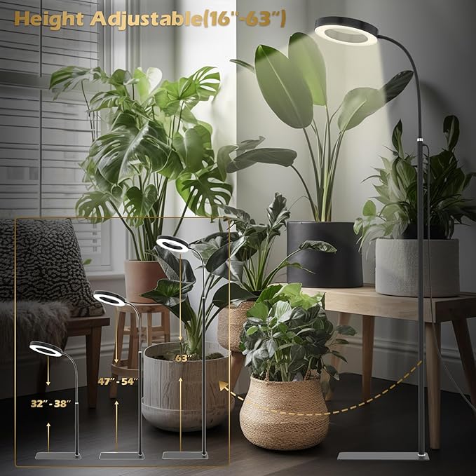 GLOWRIUM Grow Lights for Indoor Plants, 20W Full Spectrum LED Grow Light Floor Lamp with Stand Adjustable Height and Angle, Black Plant Light with 3/9/12H Grow Light Timer