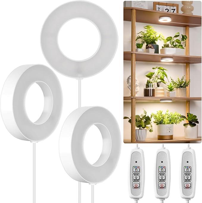 LORDEM Grow Light for Indoor Plants, 48 LEDs Ceiling Full Spectrum Plant Light, 5V Corded Growing Lamp with 4/8/12H Auto Switch, 4 Dimmable Brightness Levels, Single-Head, 3 Pack
