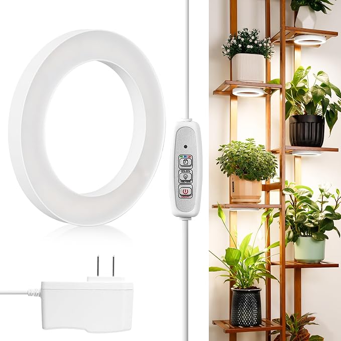 LORDEM 6.3” Ceiling Grow Light for Indoor Plants, 72 LEDs Full Spectrum Halo Plant Light, Under Cabinet Growing Lamp with 4/8/12H Auto Switch, 4 Dimmable Brightness Levels, Ideal for Pot Plants