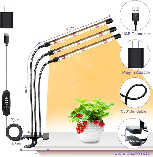 3head Plant Lights for Indoor Growing, Grow Light for Indoor Plants, Full Spectrum Growing Lamps with Clip, Auto ON & Off Timer 3/9/12H, 3 Switch Modes, 10-Level Dimmable Brightness